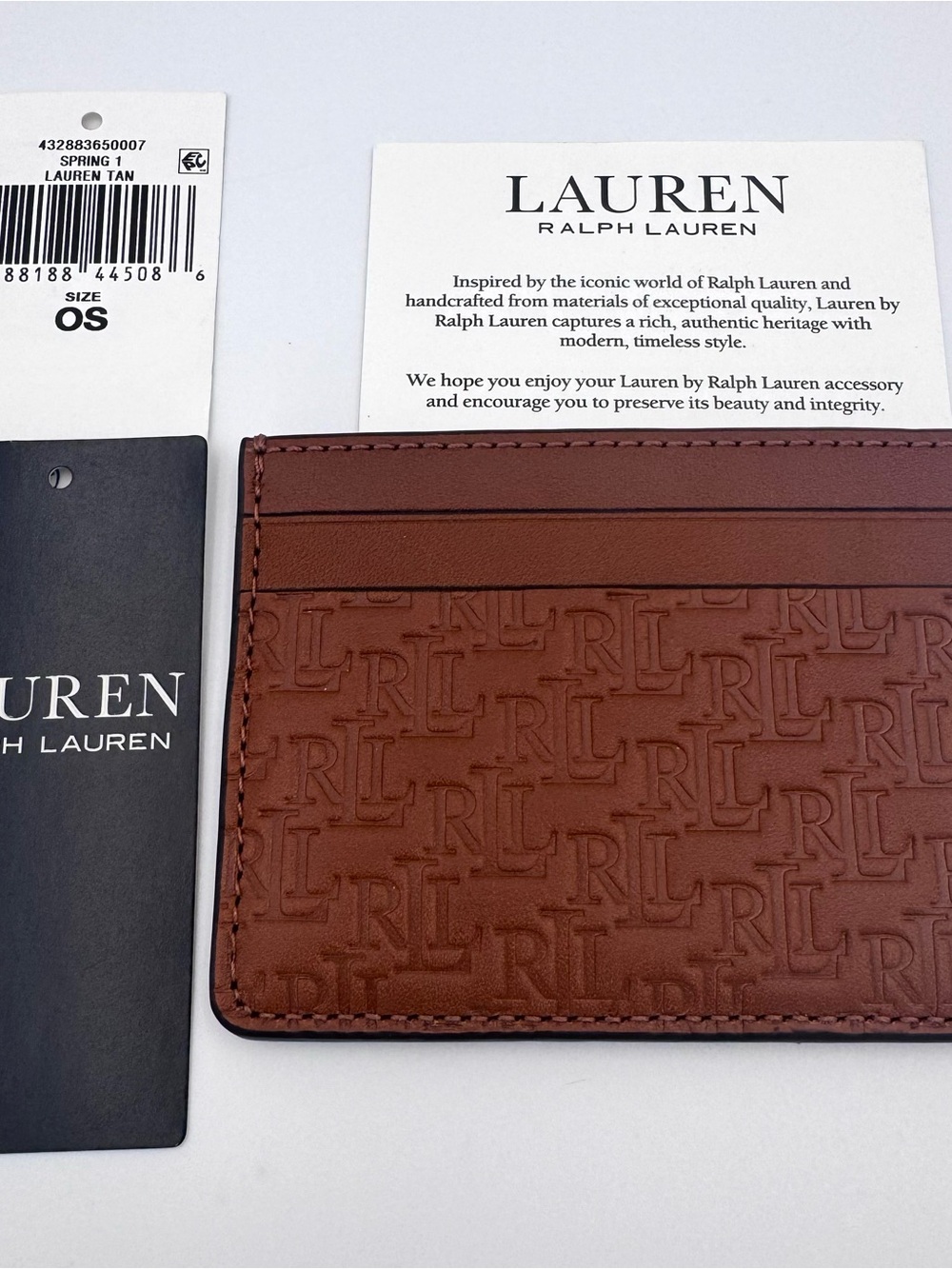 New Ralph Lauren RL Monogram Leather Card Case Wallet Brown tan unisex Western